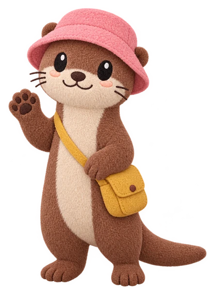 Kaya the otter, a soft plush toy in a pink bucket hat, waving