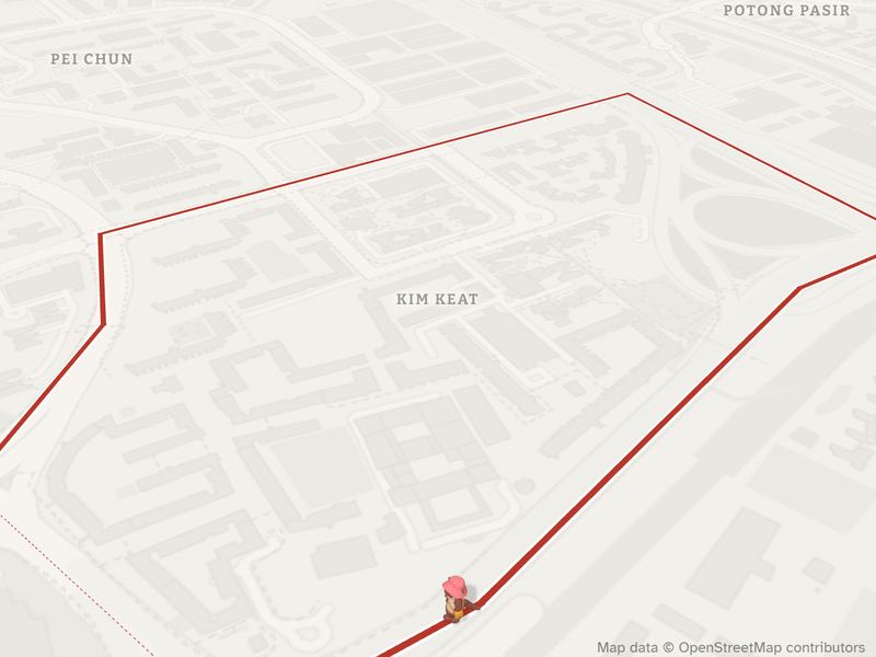 Kaya the otter walking a red line round Kim Keat on the grey map